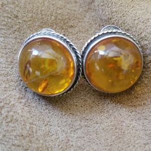 Honey Amber Sterling Silver Cabochon Earrings